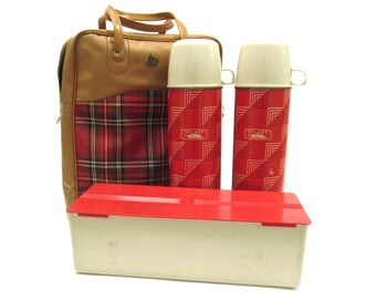 Mid Century Tartan Plaid Thermos / Camping Carrier