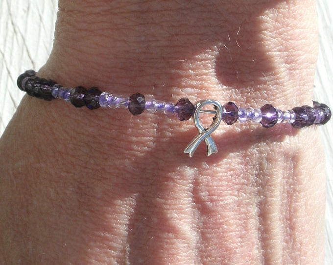 Cancer Awareness Custom Bracelets - made in your choice of colors etc, Stackable bracelets, glass beads, crystal beads, ribbon charms, more