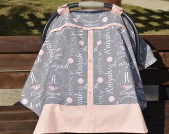 Personalized Car Seat Cover, 2 in1 Car Seat Canopy, Car Seat Cover for Girl, Flower Monogram Car Seat Canopy, PinkGray Car Seat Cover