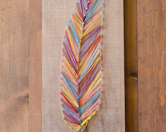 Feather String Art, Multi-Color, Wood Home Decor, Rustic Wood Art, Nature Art