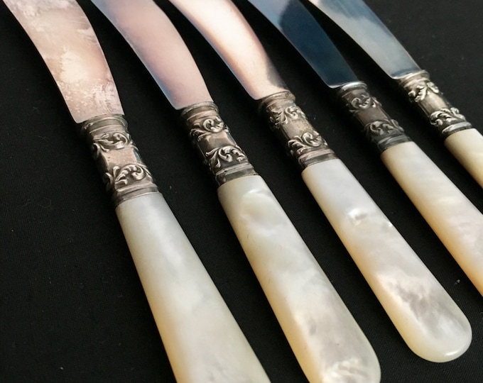 Storewide 25% Off SALE Antique American Cutlery Sterling Banded Mother Of Pearl Butter Knives Featuring Decorative Scrolling Accents