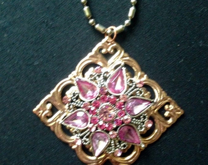 Storewide 25% Off SALE Vintage Rose Pink Rhinestone Designer Gold & Silver Tone Pendant Featuring Large Teardrop Stones With Royal Design