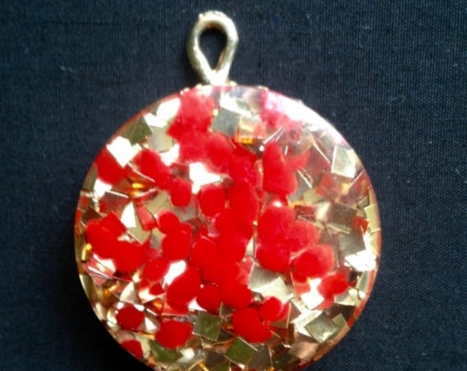 Storewide 25% Off SALE Vintage Lucite Glitter Round Designer Gold Tone Pendant Featuring Eclectic Red Speckled Design