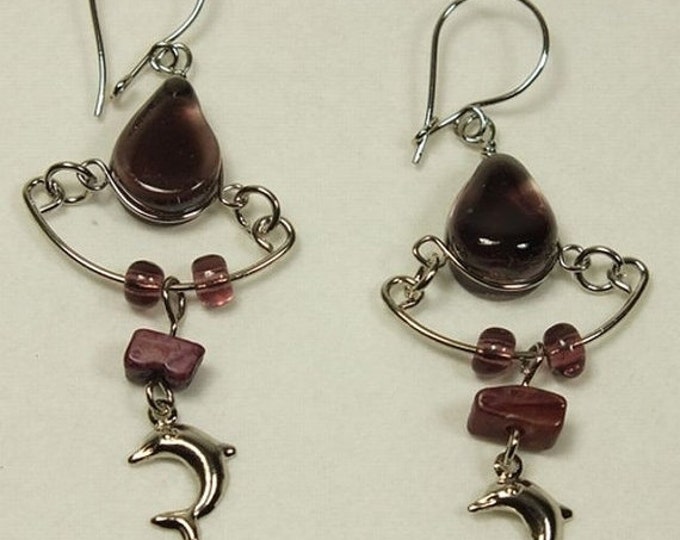 Storewide 25% Off SALE Whimsical pair of silvertone wire chandelier earrings with purple glass beads and a silvertone Dolphin charm dangling