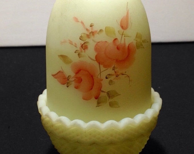 Storewide 25% Off SALE Vintage Hand Painted Fenton Two Piece Custard Votive Fairy Lamp Featuring Victorian Pink Rose Design With Green Leaf