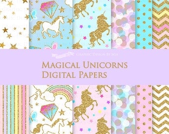 Magical Unicorns / Gold Glitter Unicorns / Einhorn / Unicorn Digital Paper Pack - Instant Download - DP145