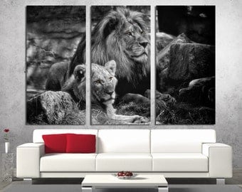3 Panel Canvas Split, Black and white lion, lioness, canvas art, Giclee print ,Interior design, Room Decoration, Photo gift, wall art