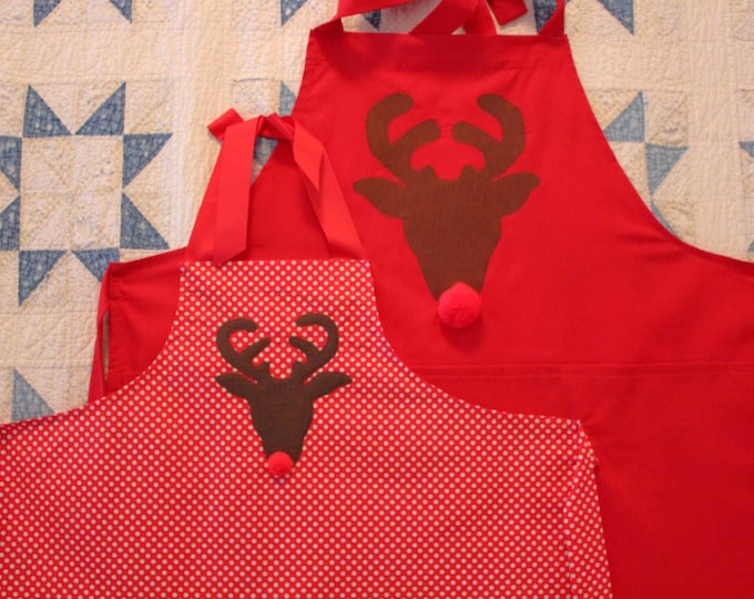 HALF PRICE ** Child's Rudolph the Red Nosed Reindeer Christmas Apron. Cheery Red Polka Dot Apron with Rudolph and his Big Red Pompom Nose!