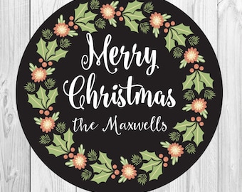 Christmas Stickers, Personalized Holiday Chalkboard Gift Tags, Chalkboard, Merry Christmas Wreath, Personalized Christmas Labels