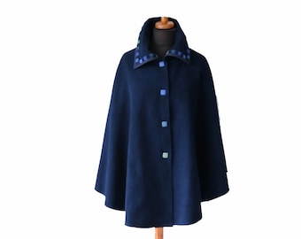 Vintage Blue Cotton Cape Coat Made in Finland One Size