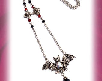 Silver Vampire Bat Gothic Necklace with Red Crystal-Cut Bead Pendant