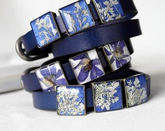 Royal blue bracelet gift idea for women Leather cuff bracelet Double wrap bracelet Terrarium jewelry adjustable bracelet statement bracelet