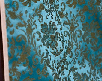 Turquoise and olive green brocade fabric with classic vine and flower pattern - cotton polyester blend vintage 60's decor upholstery fabric