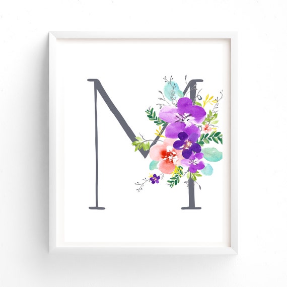 Purple Floral Printable Letter M Monogram Floral Grey