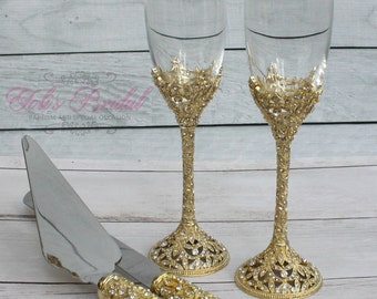 Swarovski Crystal Wedding toast Set, Champagne Glasses, Weeding Toasting flutes, Cake server Set, Cake Knife and Server Set