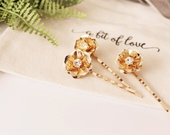 Set of 3 Gold Flower Bobby Pins Large #173
