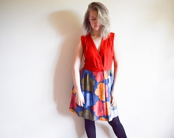 Vintage 1960s Dress, Floral Wrap Dress, Red Cotton Summer Dress Medium