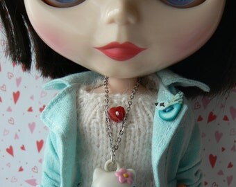 Cat necklace for Blythe Kitty Pendant pink and white Doll Necklace