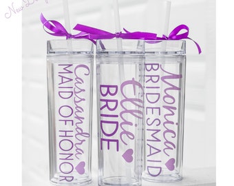4 Custom skinny tumblers, bridal set, personalized cups, bridal shower gift, wedding gift, wedding favors, bridesmaids gift, wedding gift