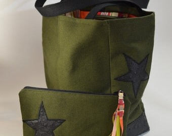 Army Green everyday tote.Shoulder bag canvas faux leather bottom.Ostrich like vinyl black star.canvas bookbag.sac kaki.Army Green Canvas bag