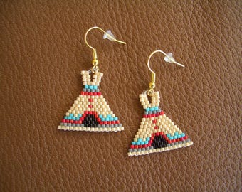 TeePee Beaded Earrings, Authentic Native American Hand Made, Southwest Design, First Nation. ndn., Delica Beads, Brick Stitch. Light weight.