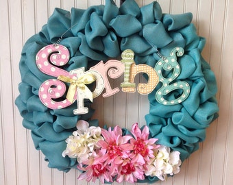 Aqua green burlap wreath, spring burlap wreath, summer burlap wreath, spring door hanger, floral wreath, aqua burlap wreath, wedding wreath