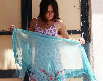 Boho gypsy sheer light blue embroidered vintage shawl,scarf,pareo.