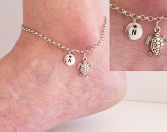 Silver initial turtle anklet, turtle anklet, ankle bracelet, silver anklet,anklet,beach jewellery, anklet,yoga jewellery,SPturAN01