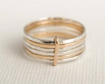 Stacking Ring Set - Skinny Stacking Rings - Solid Gold Stacking Rings - Linked Stacking Rings - Mixed Metal Stacking Rings - Hammered Rings