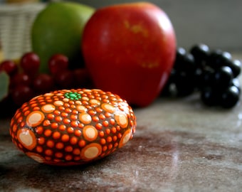 Orange Painted Rock, Pumpkin Decor, Stone Painting, Dot Painting, Holiday Decor, Halloween Decor, Thanksgiving Gift, Orange Kitchen Decor