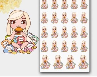 Vicky Girl Food Sticker, Kawaii Girl, Food Planner Stickers, Cheat Meal Sticker, Cheat Food, Fast Food Sticker, Junk Food, Chips, Hamburger