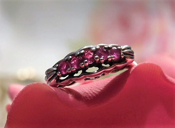 Genuine Ruby Wedding Ring Band Art Deco Ruby Ring Sterling Silver Stack Ring 5 Stone Antique Dainty Vintage Rubies .25 CTW July Birthstone