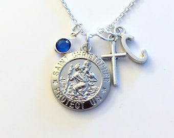 St. Christopher Necklace, Silver New Driver Jewelry Gift For Safety Safe Charm Cross Pendant Religious symbol Birthstone Initial letter girl