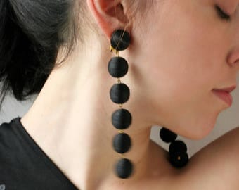 Le bonbons Bon bon earrings Black ball clip earrings Extra long earrings Silk clip on earrings Black earrings Statement lightweight earrings