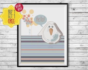 Penguin gift, Cute animals poster, Nursery decor, Kids room art, Animal print, Hello sign, Quote canvas, Colorful wall art, Playroom decor