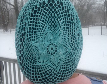 Ice Blue Cotton Snood, Crochet Headcovering,Renaissance, Vintage 1940's style, Civil War, Hair Net, Ties, Lacy, Handmade, OOAK