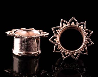 Lotus flower tunnels, rose gold plated plugs, tribal mandala ear tunnel, ear gauges brass 8g 6g 4g 2g 0g 00g 1/2" 9/16" 5/8" 11/16" Inch