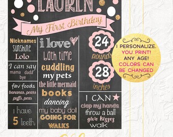 Pink and Gold First Birthday Chalkboard, Girl First Birthday Poster, Birthday Photo Prop, Pink and Gold Party, Milestones, Digital File