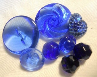 Vintage Dark Blue Clear and Depression Glass Buttons~Mixed Set of 8 ~ faceted balls, heart 1/2 to 7/8th inch