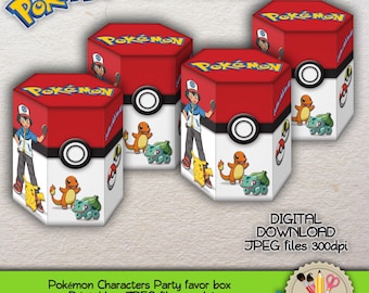 PRINTABLE - Pokémon Characters - Ash - Pikachu - Charmander - Bulbasaur - Party favor box - JPEG - 300dpi