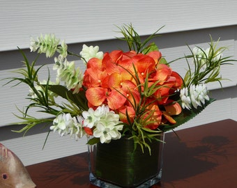 Small silk hydrangea arrangement, Orange hydrangea, orange and white flowers