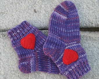 Knit socks Purple stripes socks Men socks Women socks Wool gift for him Red heart love gift for dad Lilac gift Valentine Warm socks for mom