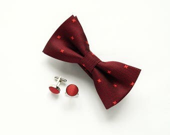 Burgundy bow tie fabric cufflinks Pre-Tied Bowtie gift for men groomsmen burgundy handmade cufflinks wedding bow tie