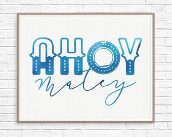 AHOY Nautical Print, Digital Download Wall Art, Seaside Nursery or Nautical Decor