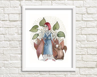 Lady and Baby Bear Illustration, Art Print