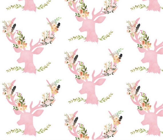 Pink Floral Deer Girl Quilting Fabric. Fabric by the Yard.