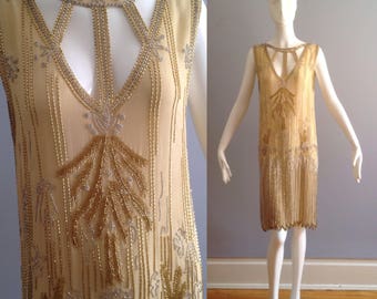 Vintage 1920s Beaded Flapper Dress ~ Sheer Silk Cutout Drop Waist Heavy Sequin FRINGE Skirt ~ Deco Couture Museum Quality Collectors Dress