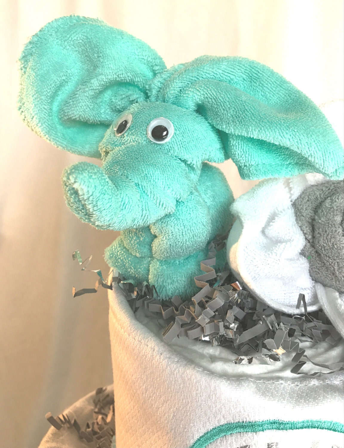 Handmade Elephant, Washcloth Elephant, Diaper Cake Topper, Baby Shower Gift, Unique Baby Gift, Diaper Cake Decoration, Teal baby shower