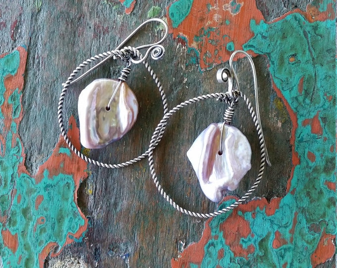 Large Coin Pearl Earrings with Twisted Wire Hoops