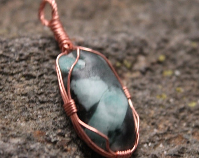 Brazilian Emerald Cabochon Pendant w/ Raw Crystal on Corner, Copper Emerald Wire Wrap, May Birthstone, Gemstone Mineral Specimen Treasure